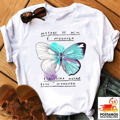 T-SHIRTS BRANCAS MALHA FRIA SUBLIMAÇÃO - BORBOLETA MUDANÇA -