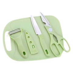 Kit Utensílios Cozinha Faca Tabua Tesoura Descascador 4 Peças Cor:Verde