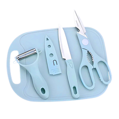 Kit Utensílios Cozinha Faca Tabua Tesoura Descascador 4 Peças Cor:Azul