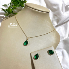 Conjunto - Brinco + Colar - Gota Verde Escuro - Dourado