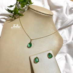 Conjunto - Brinco + Colar - Gota Verde - Dourado