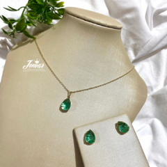 Conjunto - Brinco + Colar - Gota Verde - Dourado