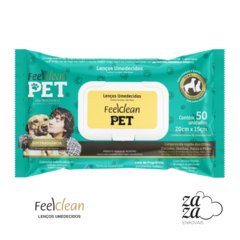 Pacote de lenços umedecidos para pets da marca Feelclean, contendo 50 unidades.