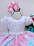 Vestido Infantil Branco Renda Saia Rosa Florida Pérolas Luxo (1619BO)