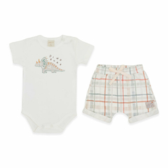 Body curto c/ Short para bebê em algodão egípcio Xadrez Dino - Mini & Co - Nenen Enxovais