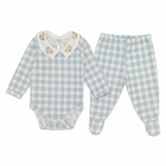 Body longo golinha c/ Calça (Mijão) para bebê em algodão egípcio Xadrez Urso Provençal - Mini & Co - Nenen Enxovais