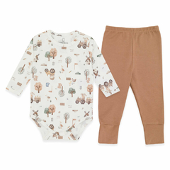 Body longo c/ Calça (Mijão) para bebê em algodão egípcio Fazendinha - Mini & Co