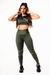 Feminino Calça Legging Verde Militar Cintura Alta e Cropped Gola Alta com Detalhes em Vivo Branco Academia Conjunto Fitness | REF: CSV9