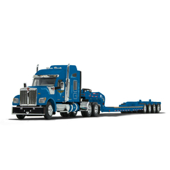 Kenworth W990 With 76" Mid-Roof Sleeper & Fontaine Magnitude Tri-Axle Lowboy Trailer With Flip Tail