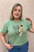 T-shirt Plus Size verde folha estampa Onça