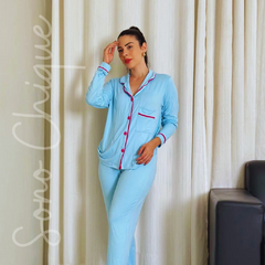 Pijama Americano Longo - Azul e Pink