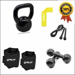 Kit Treino Em Casa - Par Caneleira 3Kg + Par Halter 3 Kg + Kettlebell 4 kg + Corda + Mini band Leve