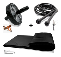 Roda Rolinho Abdominal+ Colchonete + Corda Fitness Emagrecer Cor: Preto