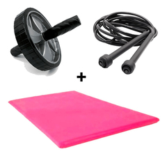 Roda Rolinho Abdominal+ Colchonete + Corda Fitness Emagrecer Cor: Rosa