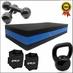 Kit Treino Em Casa - Kettlebel Emborrachado 4kg + Par Halter Emborrachado 2Kg + Step 60x28x10 + Par Caneleira 3Kg