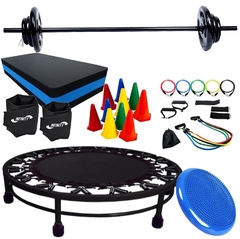 Kit treino funcional com mini Jump + Step + barra com pesos