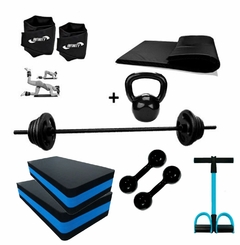 Kit Fitness Barra + 10kg de Anilha + Colchonete + 5 itens