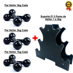 Kit Halter 1 a 3kg + Suporte P/ 3 Halteres Treino em Casa Academia Funcional