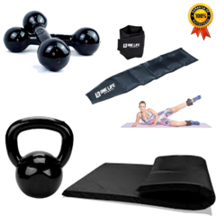 Kit Aeróbico Em Casa - Par Caneleira 5 Kg + Colchonete + Par Halter 3 kg + Kettlebell emborrachado 4 kg