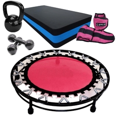 Kit Aeróbico Rosa para treino de Ginástica com Mini Jump + Caneleira rosa 5Kg+ Par Halter 4Kg + Kettlebel 6Kg + Step 60