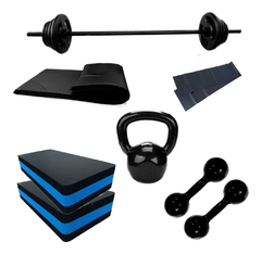 Kit Aeróbico Barra+peso+kettlebell+step+halter+band+colchone-2X5+2X3