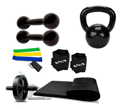 Kit Ginastica Fitness Kettlebell+band+halter+caneleira