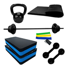 Kit Barra + Peso + Halter + Kettlebell + Colchonete + Band - 2X5KG + 02X03KG