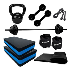 Kit Aeróbico Fitness Peso + Step + Corda + Colchonete + Kett -2X5 + 2X3