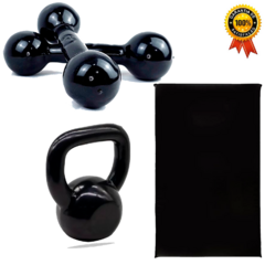 KIT TREINO EM CASA - COLCHONETE + HALTER 3KG + KETTLEBELL 6