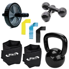 Kit treino aeróbico e fortalecimento com caneleira + halter + kettlebel + mini band + roda