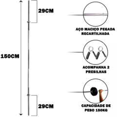 Barra 1,50m Maciça Cromada Para Supino + 2 Presilhas - Cheers Fitness