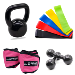 Kit Aeróbico Em Casa - Kit mini band 5 intensidades + Par Caneleira 4kg + Par Halter 4Kg + Kettlebell emborrachado 4 kg Cross fit Funcuinal Academia