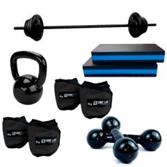 Kit Barra + Anilhas + Caneleiras + Halteres+Kettlebell+Step