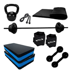 Kit Barra+anilha+halter+caneleira+step+corda+colchonete+kett