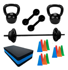 Kit Academia Treino Barra + Peso +step + Kettlebell + Halter