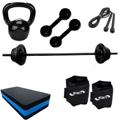 Kit Barra+ 14 Kg Anilha+halter+ Caneleira+ Step+ Corda+ Kett