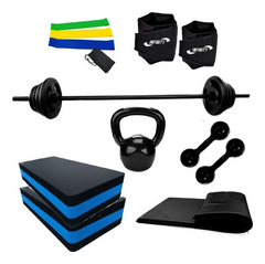 Kit Barra+anilha+halter+caneleira+step+band+colchonete+kett