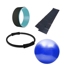 Kit Roda Magic Wheel + Anel de Pilates + Bola Suíça 55cm + Faixa Forte 1,2m