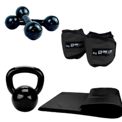 Kit Aeróbico Em Casa Caneleira 2 Kg + Colchonete + Halter 2 + Kettlebell emborrachado 4 kg