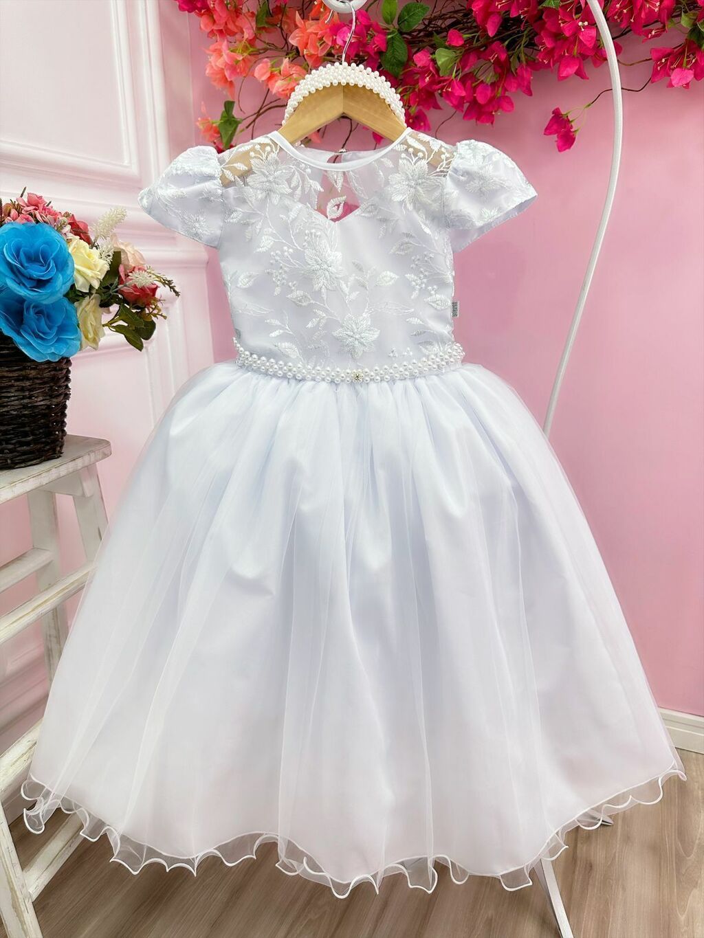 Vestido fashion branco de renda infantil