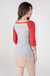 camiseta raglan feminina manga 3/4 cores cinza mescla e vermelho