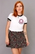 camiseta feminina ringer com estampa de gato e donut