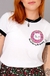 camiseta feminina ringer com estampa de gato e donut