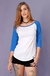 camiseta raglan feminina manga 3/4 cor branco + azul