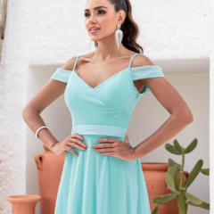 VESTIDO LONGO OMBRO A OMBRO EM LUREX VERDE TIFANY - comprar online