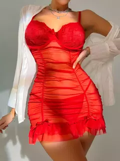 Conjunto Lingerie Camisola Vestido Transparente Renda de Contraste com Babado Alça e Calcinha Fio Dental Lingerie Sensual - comprar online