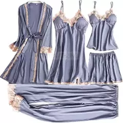 Conjunto de pijama mulheres rendas guarnição de cetim pijamas sleepwear derramar femme roupa de noite de verão com calças casual desgaste da casa quimono vestido de roupão pjs - Jouet