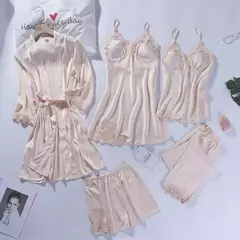 Lace Patchwork Sleepwear Camisola, Kimono Roupão Vestido, Satin Lady Nighty and Robe Suit, Sexy Casa Roupas, Robe de casamento branco, 5pcs - Jouet