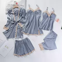 Imagem do Lace Patchwork Sleepwear Camisola, Kimono Roupão Vestido, Satin Lady Nighty and Robe Suit, Sexy Casa Roupas, Robe de casamento branco, 5pcs