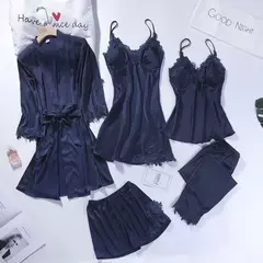 Lace Patchwork Sleepwear Camisola, Kimono Roupão Vestido, Satin Lady Nighty and Robe Suit, Sexy Casa Roupas, Robe de casamento branco, 5pcs - Jouet